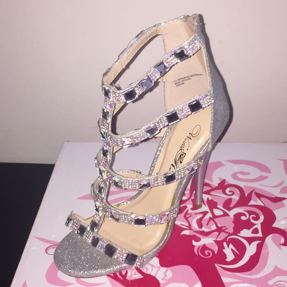 silver crystal studded strappy pumps